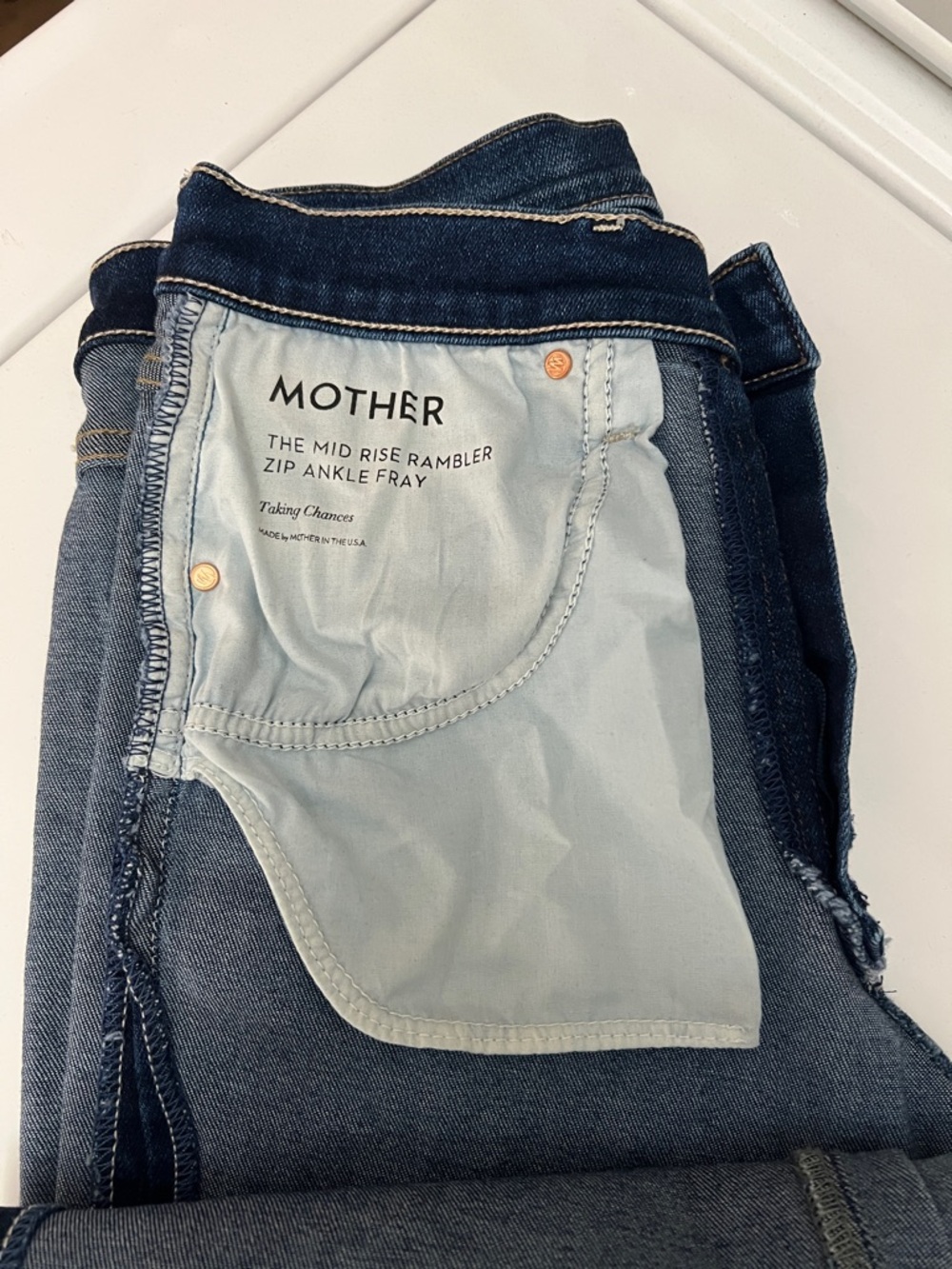 MOTHER Mid Rise Rambler Zip Ankle Fray Jeans - Dark Blue